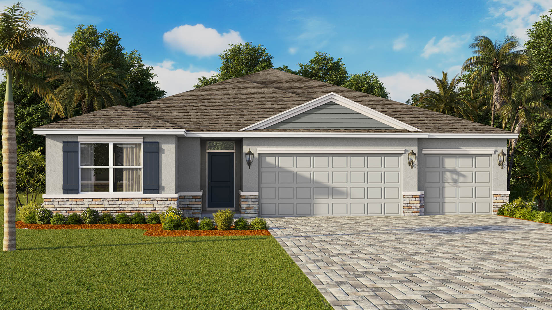 A single-story ranch home features a light gray stucco exterior, a dark blue front door with matching decorative shutters, a prominent gable accent over the garage, a stacked stone veneer base, and a three-car garage leading to a wide paver driveway.