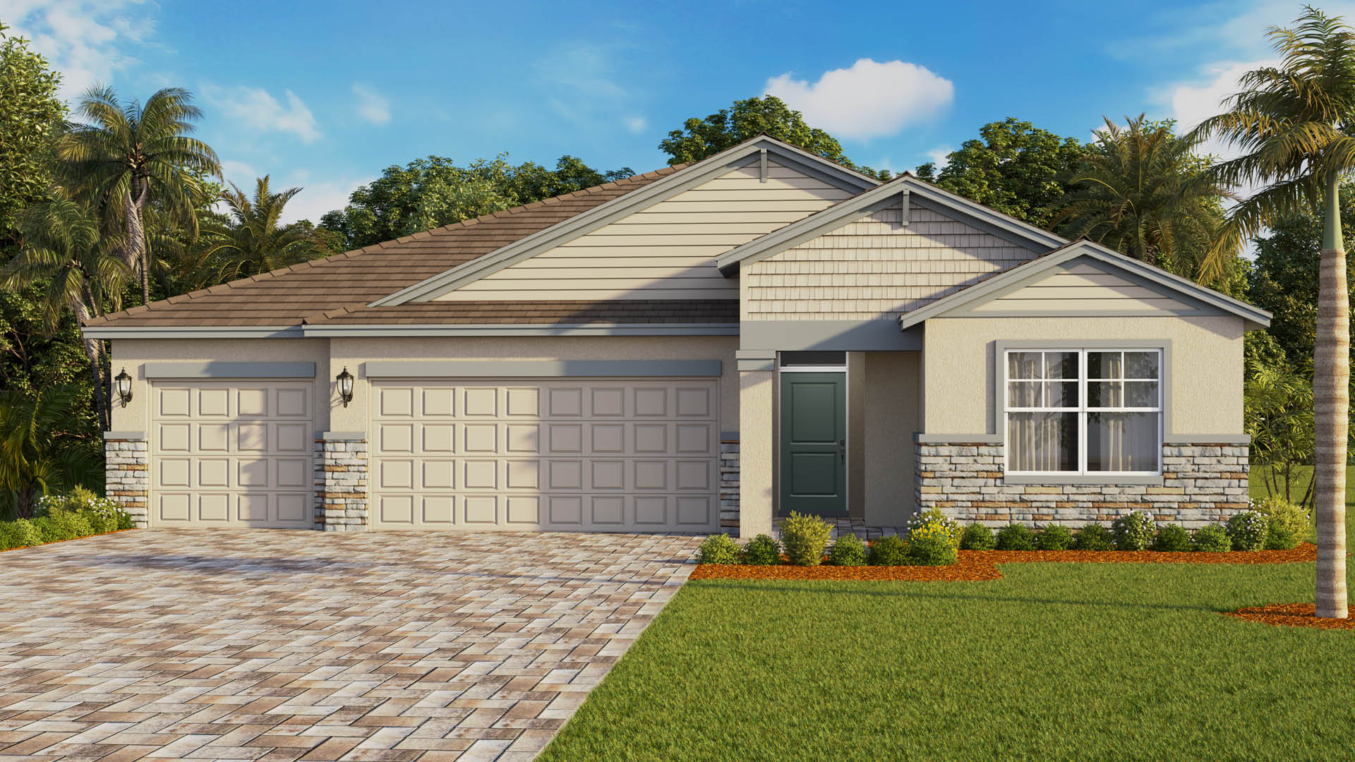 A single-story modern craftsman-style home with a beige exterior, a gray tiled roof, and light-colored stacked stone accents along the base and lower front window wall. The house features a two-car garage alongside a separate one-car garage, both with matching beige paneled doors, and a dark blue front door tucked into an entryway alcove. A wide, patterned brick paver driveway leads to the garages, bordered by a neatly manicured green lawn and tropical landscaping with palm trees under a bright blue sky with light clouds.If you'd like, let me know if you want this tailored for a specific platform like Zillow, a personal blog, or for accessibility screen readers.You said: Make one sentenceA single-story modern craftsman home features a beige exterior with stone accents, a three-car garage, a dark blue front door, and a patterned brick driveway surrounded by lush tropical landscaping under a clear blue sky.If you need any adjustments, let me know if you want to emphasize specific elements like the architectural style, the landscaping, or the color palette.You sent: 1 image and said: create alt descriptioncreate alt descriptionA single-story ranch-style home features a beige stucco exterior with horizontal siding on the gables, a three-car garage, a covered front porch supported by square columns, and a dark green front door.If you are finalizing a listing or gallery, let me know if you would like me to point out the main structural differences between this version and the previous one.You sent: 1 image and said: Create alt descriptionCreate alt descriptionA single-story coastal craftsman home features a light gray exterior with dark gray cedar shake siding on the gables, a three-car garage, a white-columned covered entryway, and a vibrant teal front door.If you are updating a real estate portfolio, let me know if you want to compare the materials or highlight the color variations across all three home models.You sent: 1 image and said: Create alt descriptionCreate alt descriptionA single-story farmhouse-style home features an off-white exterior with vertical board and batten siding on the main gable, a three-car garage, a covered front porch with square columns, and a dark charcoal front door.If you are finalizing a project presentation or listing, let me know if you would like me to compile a summarized list of the unique architectural elements or siding types across all four variations.You sent: 1 image and said: Create alt descriptionCreate alt descriptionA single-story transitional craftsman home features a light beige exterior with a mix of horizontal siding and cedar shake accents on the gables, a three-car garage, a recessed covered entryway, and a deep hunter green front door.