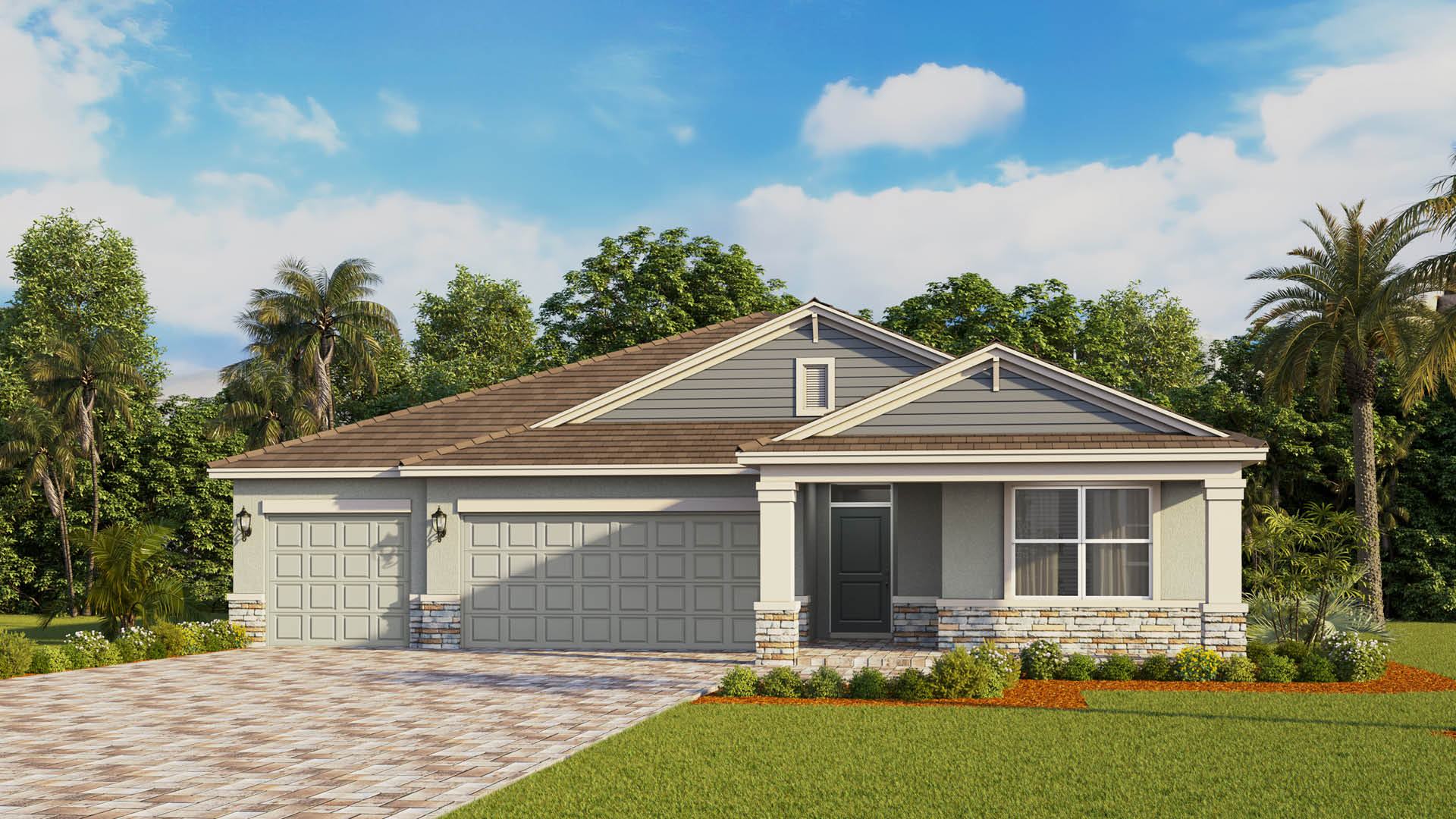 A single-story modern home features a soft gray stucco exterior with horizontal siding on the front gables, a three-car garage, a covered front porch with stone-wrapped columns, and a matte black front door.