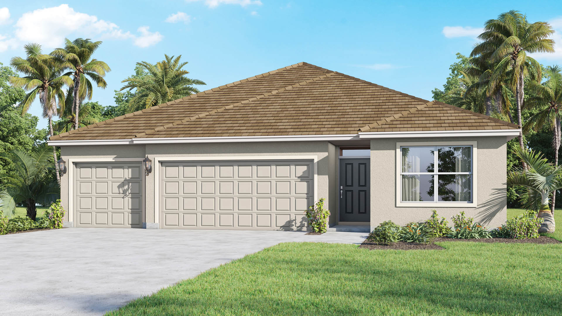 An exterior rendering showing a modern single-family home with a shingled roof and manicured landscaping.