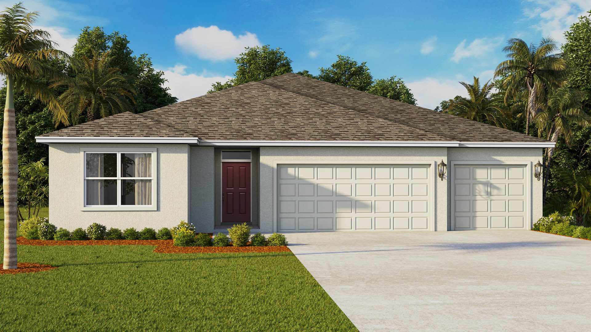 Single-story home with light beige exterior, red door and three car garage.