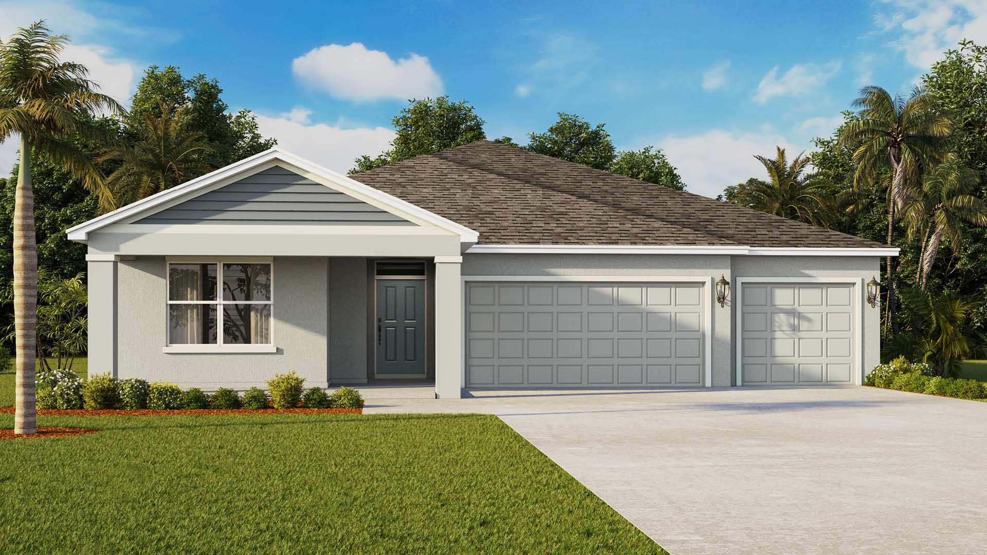 Single-Story home with gray exterior and white trim. Light blue front door and three car garage.