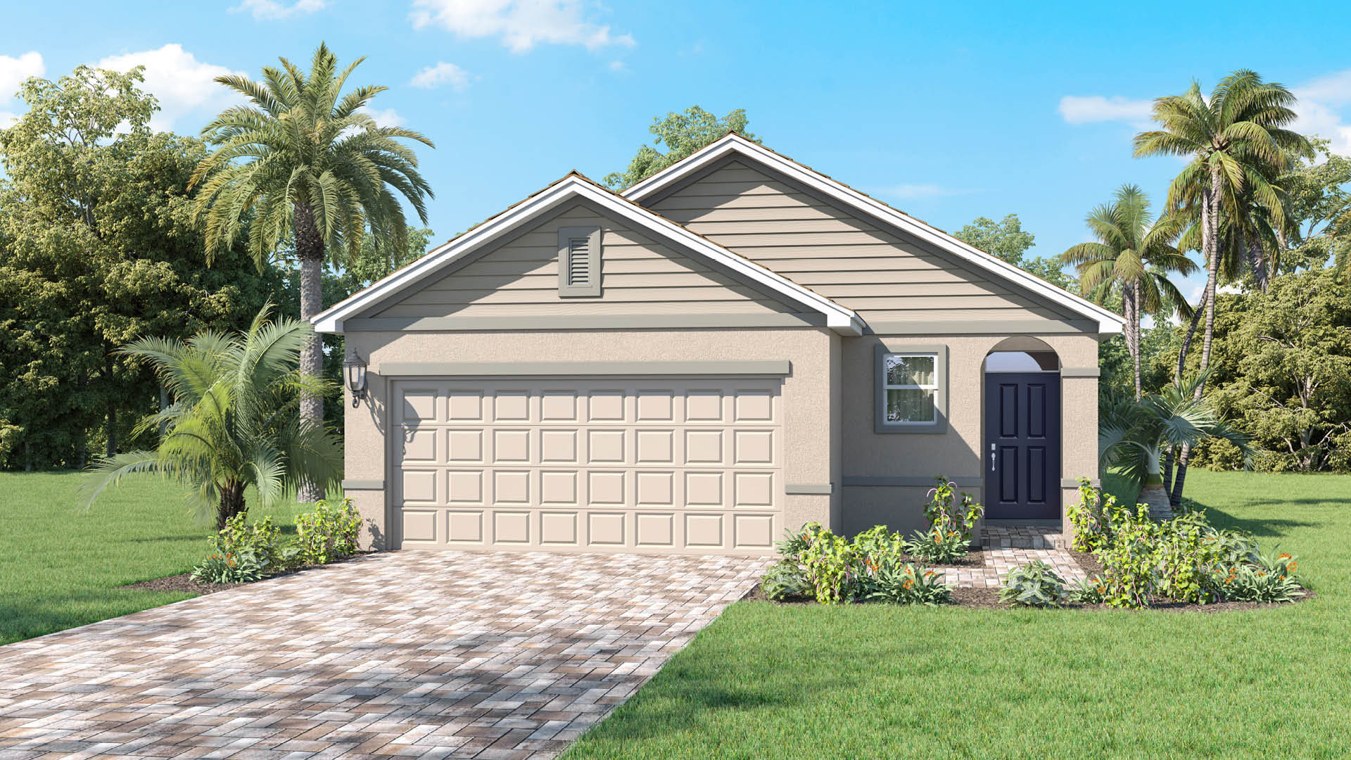 A modern single-story home with a beige facade, dark blue door, and a paved driveway, surrounded by lush greenery and palm trees.