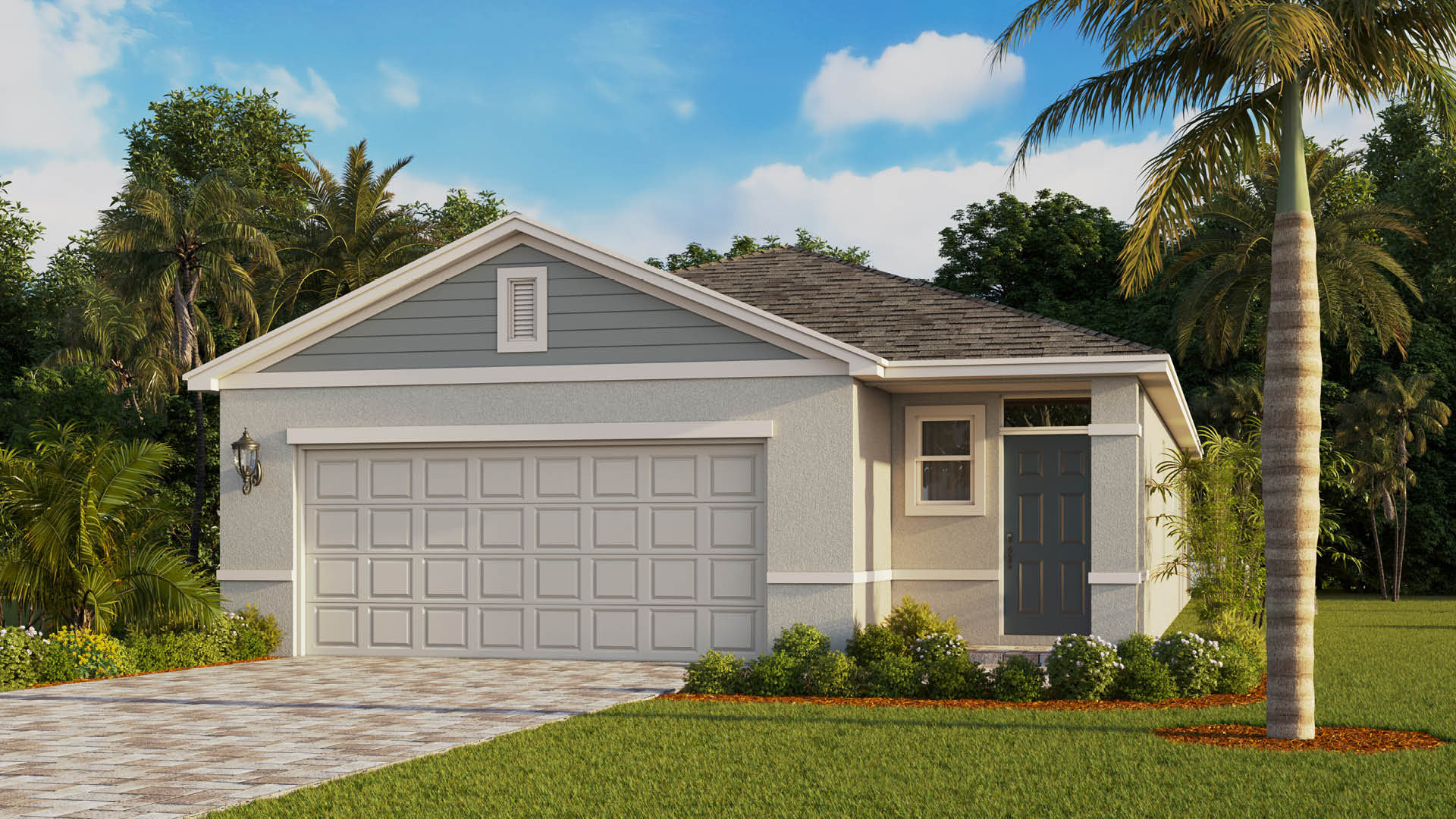 A modern, single-story house with a gray and white exterior, a two-car garage and paver driveway.