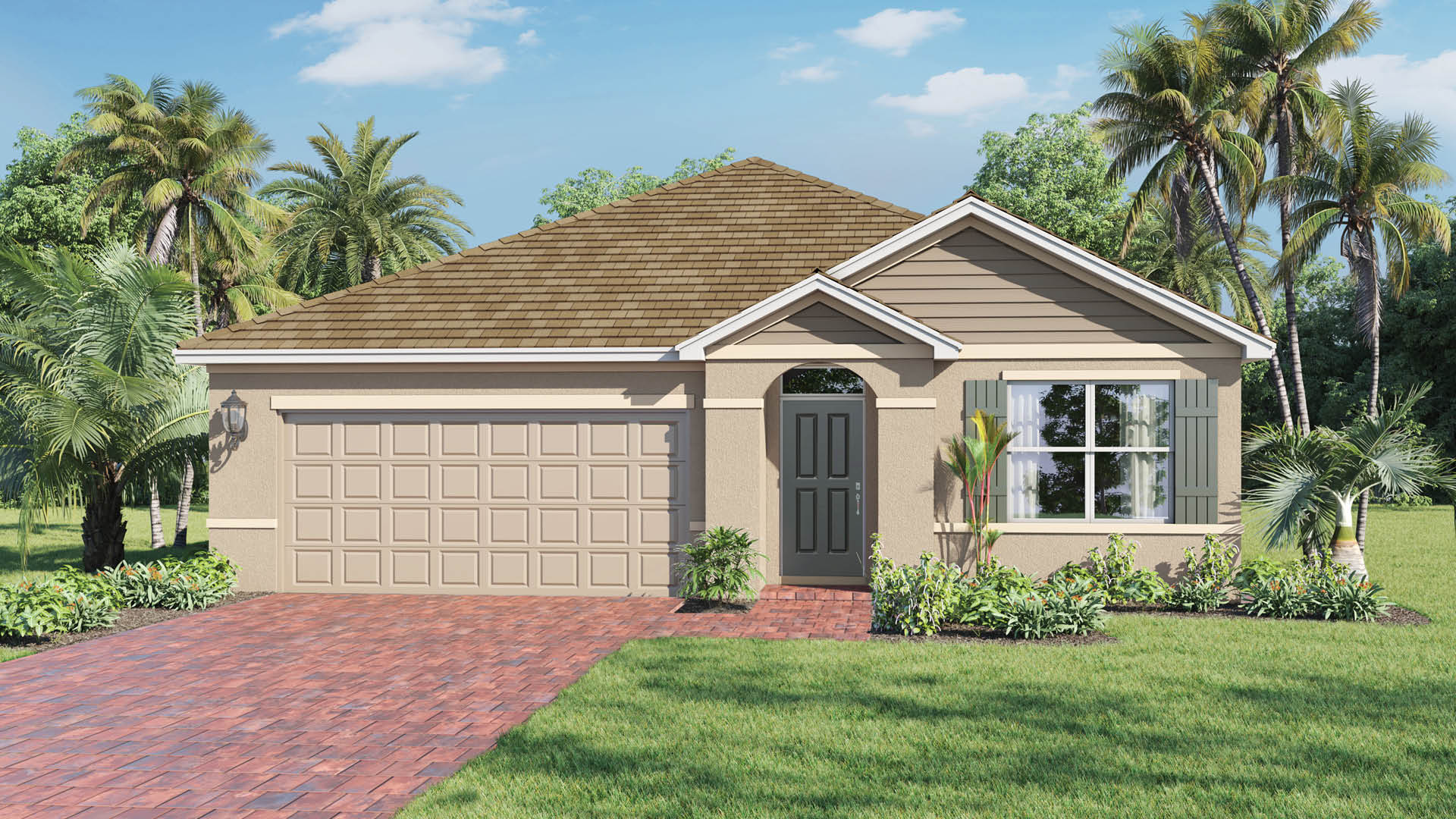 An exterior rendering showing a modern single-family home with a shingled roof and manicured landscaping.