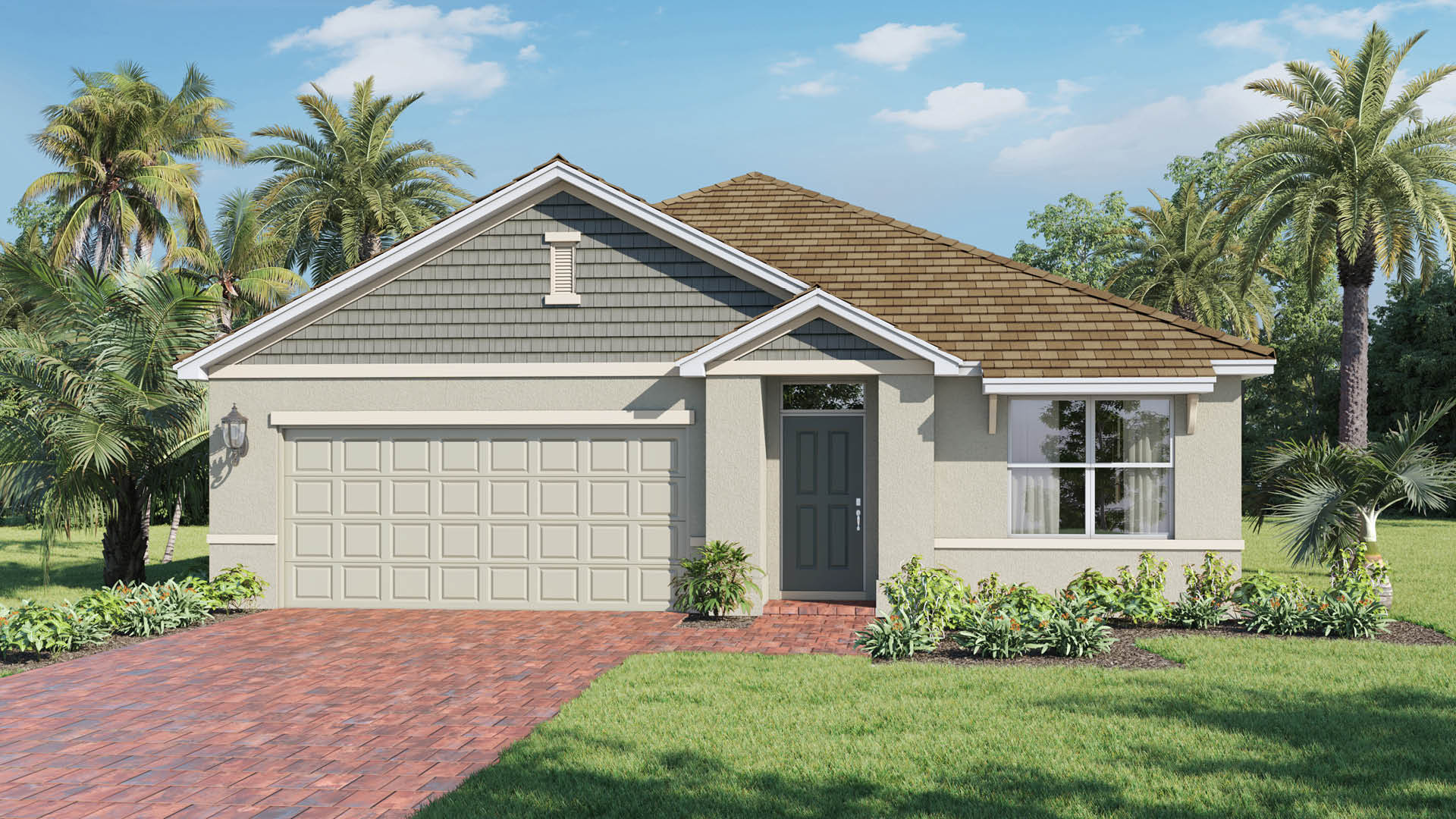 An exterior rendering showing a modern single-family home with a shingled roof and manicured landscaping.