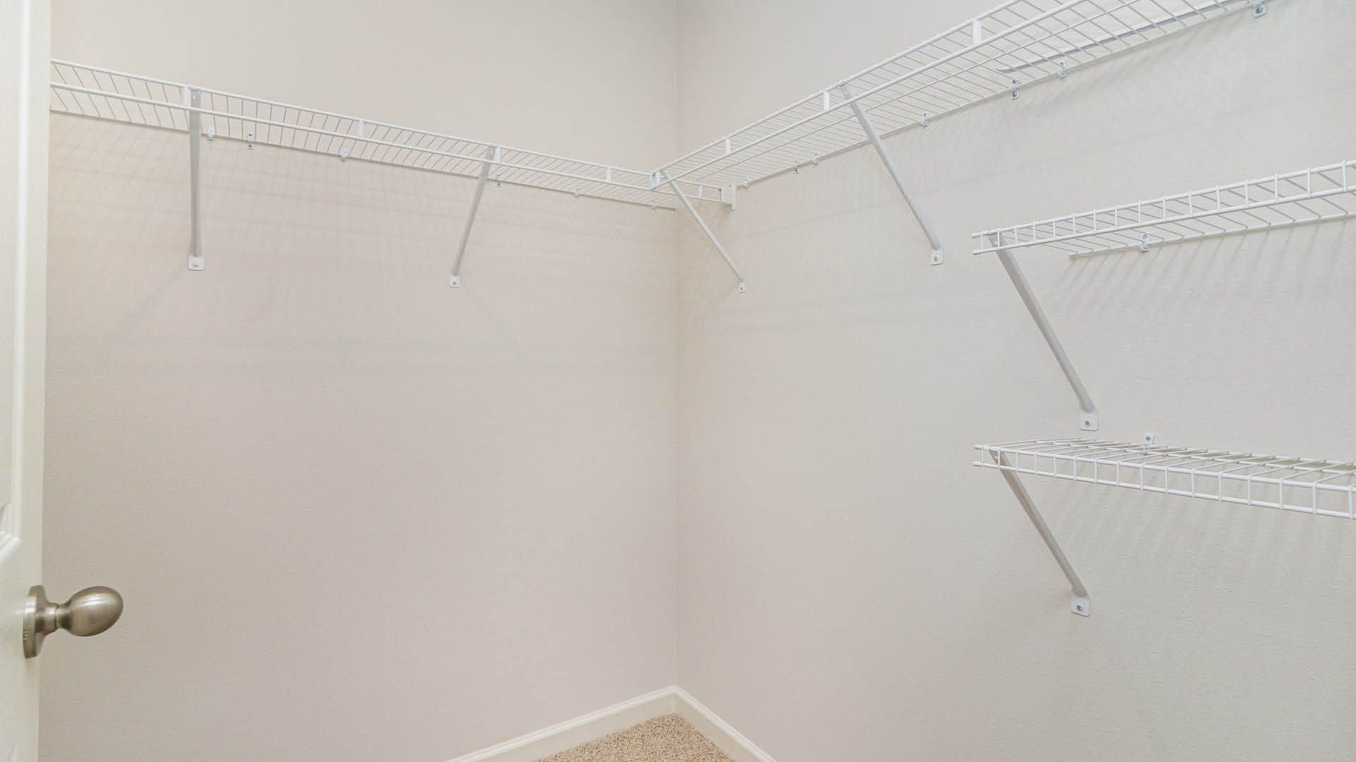 A spacious, empty closet featuring white wire shelves against a light-colored wall, with a partially open door on the left.
