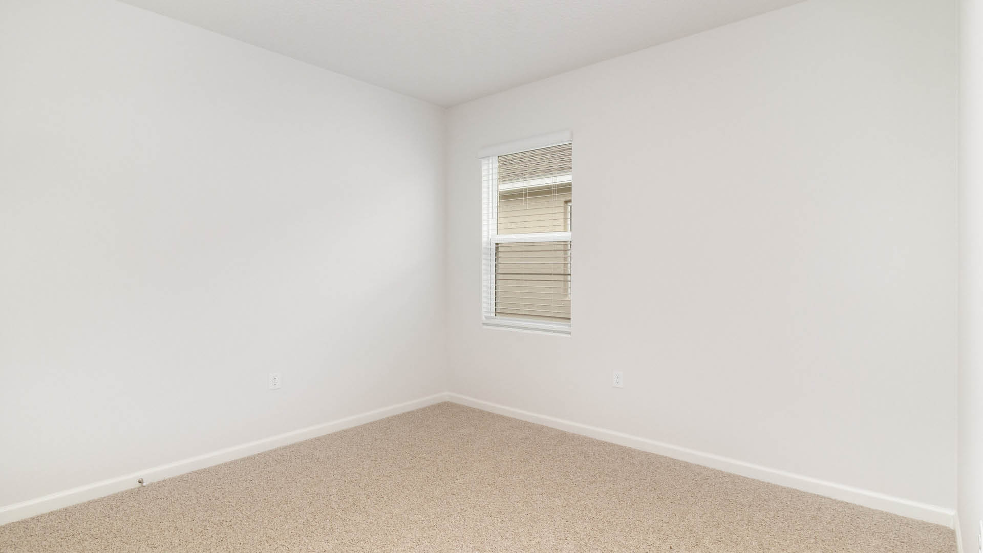 An empty room with beige carpet, white walls, and a window with blinds, allowing natural light to illuminate the space.