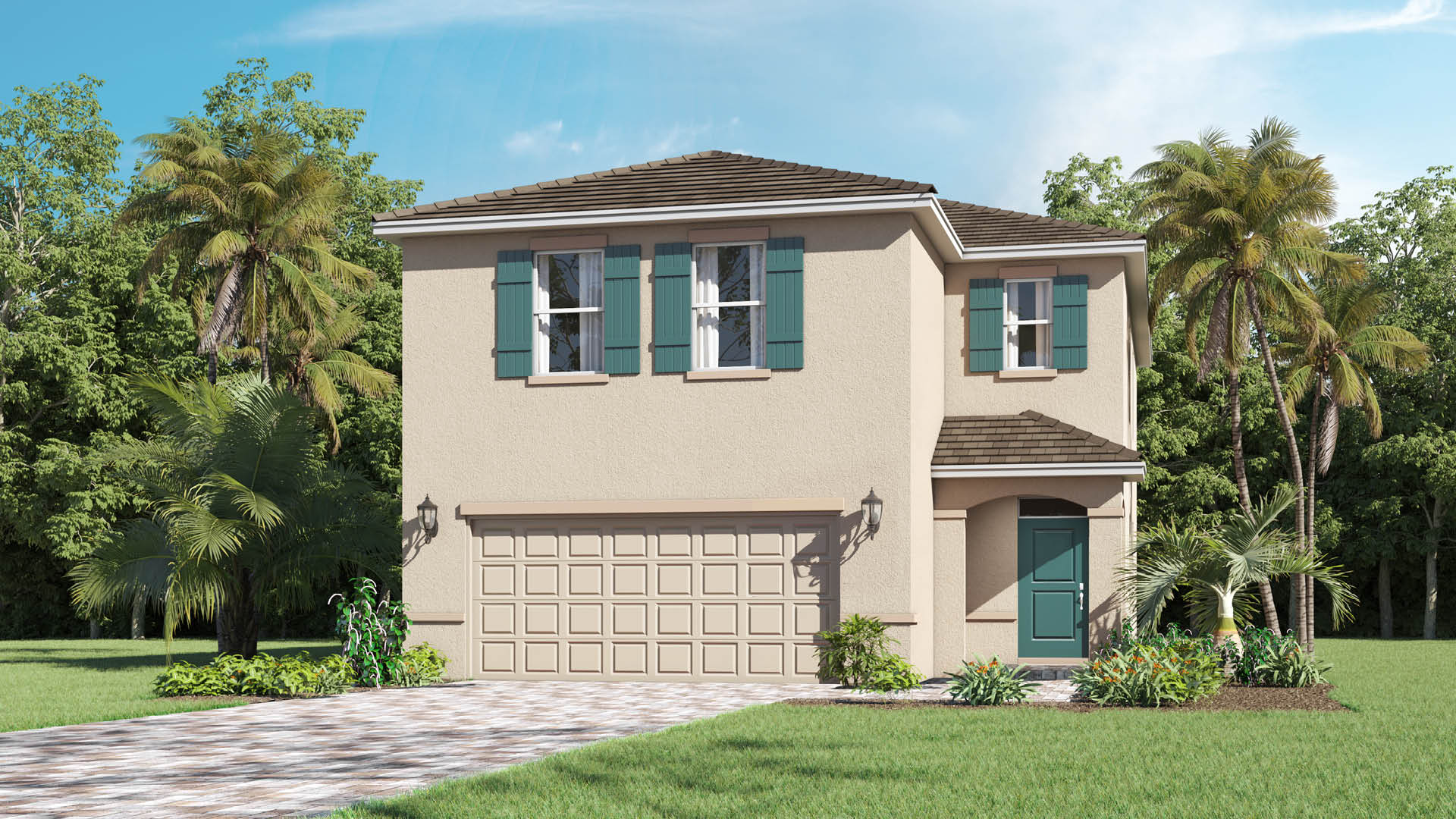 A charming two-story house with two car garage, green shutters, a welcoming front door, and paver driveway.