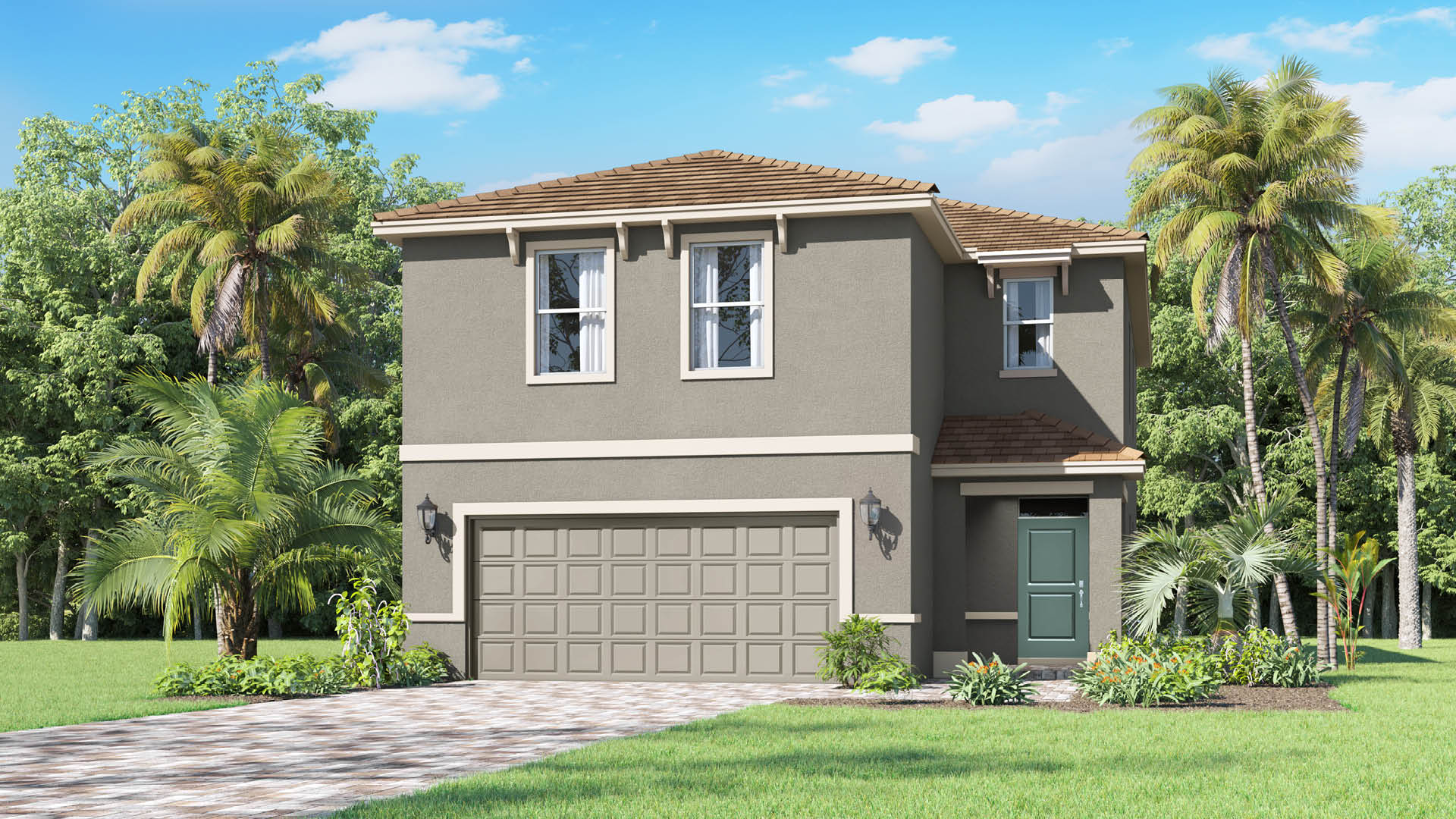 A charming two-story house with two car garage, a green welcoming front door, and paver driveway.