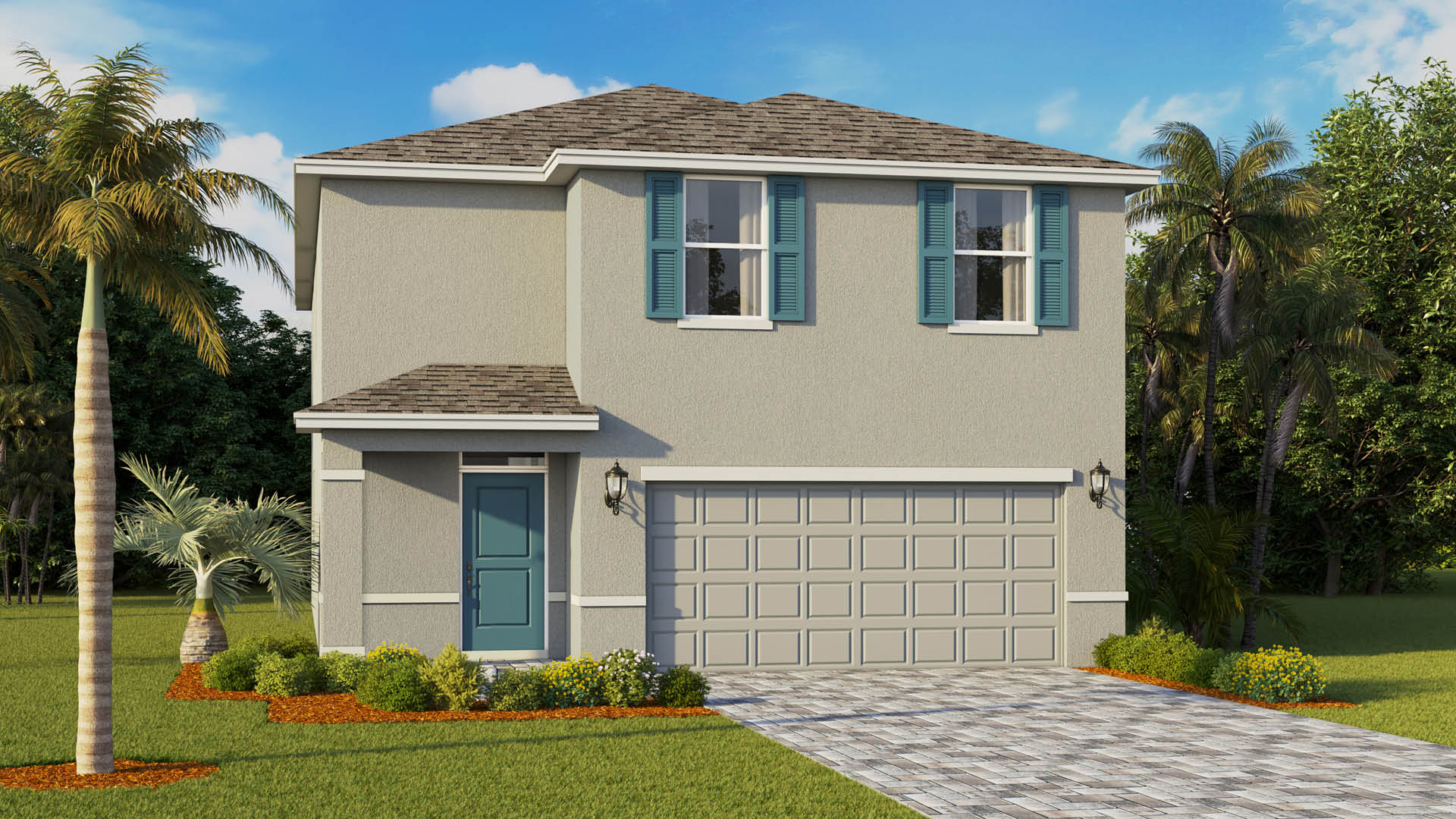 A two-story stucco house features a gray exterior, a matching two-car garage door, blue shutters on the upper windows, and a coordinating blue front door, surrounded by a paved driveway and tropical landscaping