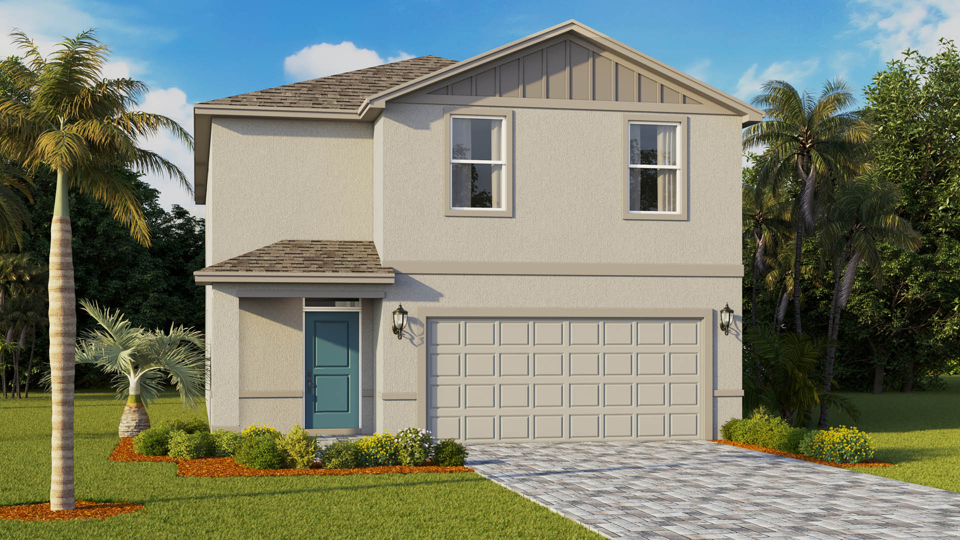 A two-story stucco house features a light gray exterior with a gabled roofline, a two-car garage door, white-trimmed upper windows, and a blue front door, surrounded by a paved driveway and tropical landscaping.