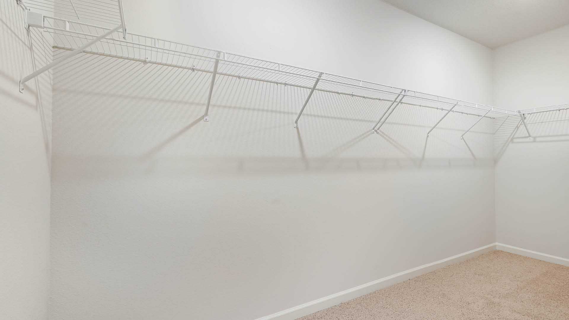 An empty walk-in closet features plain white walls, light beige carpeting, and long white wire shelving mounted along the walls.