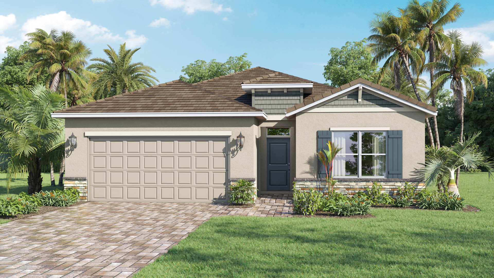 An exterior rendering showing a modern single-family home with a shingled roof and manicured landscaping.