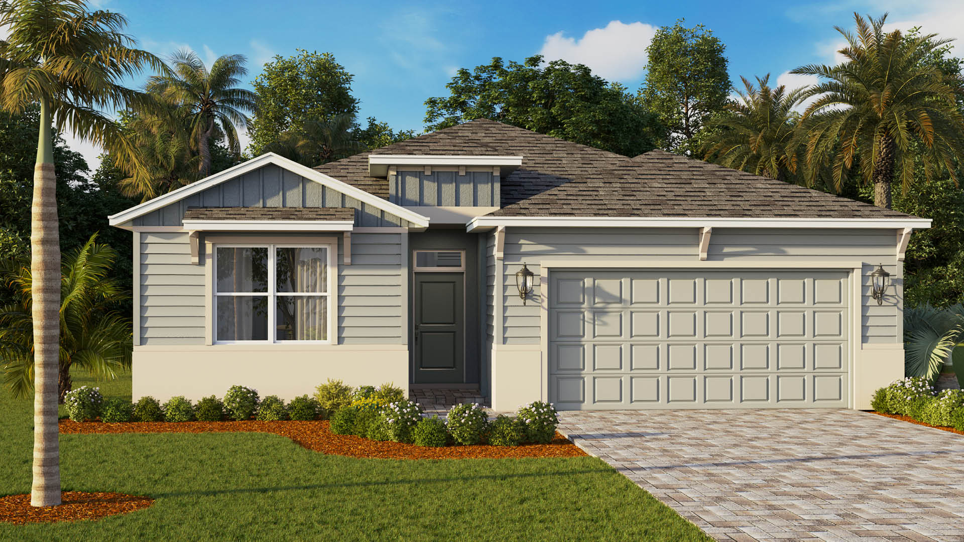 Delray Elevation F, single-story light beige home with siding, shingle roof, two-car garage and paver driveway.