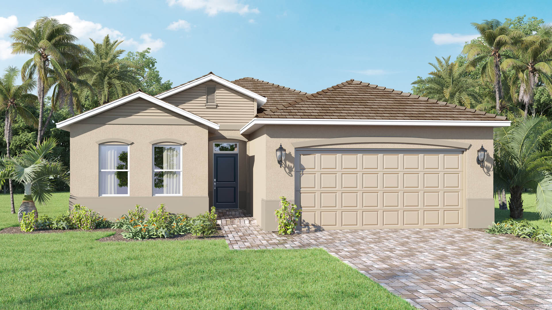 Avon Elevation A, single-story home, beige exterior, shingled roof, two-car garage with paver driveway.