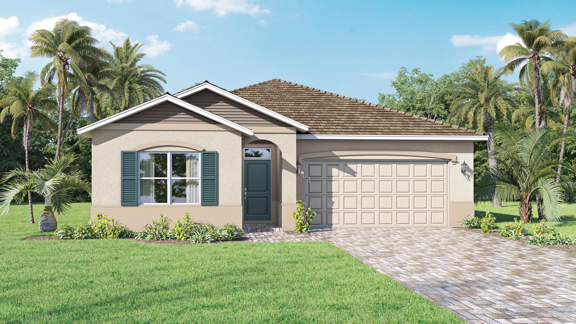Clifton Elevation A, single-story home, beige exterior, green doors, shingle roof, two-car garage with paver driveway.