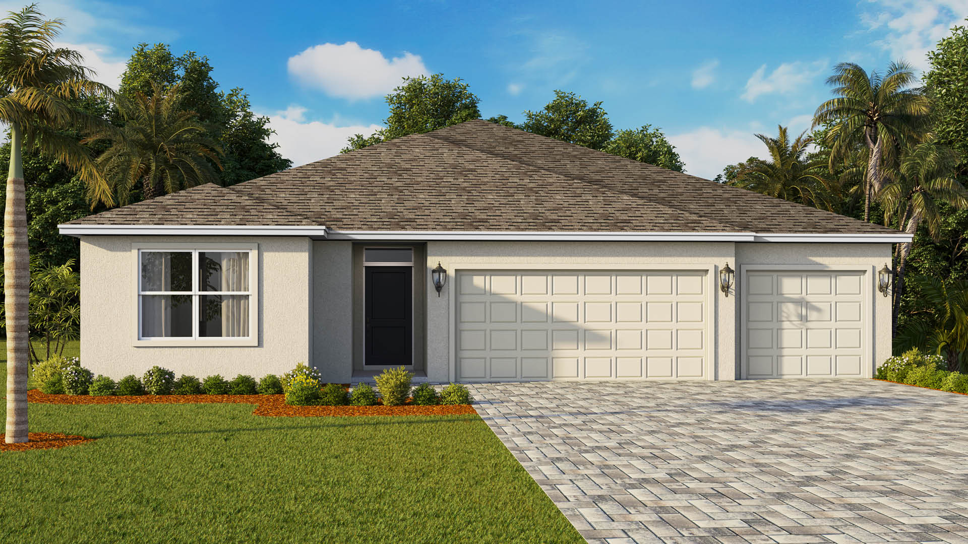 A single-story off-white stucco home features a black front door, a multi-pane window with white trim, and a three-car garage with a matching brick paver driveway.