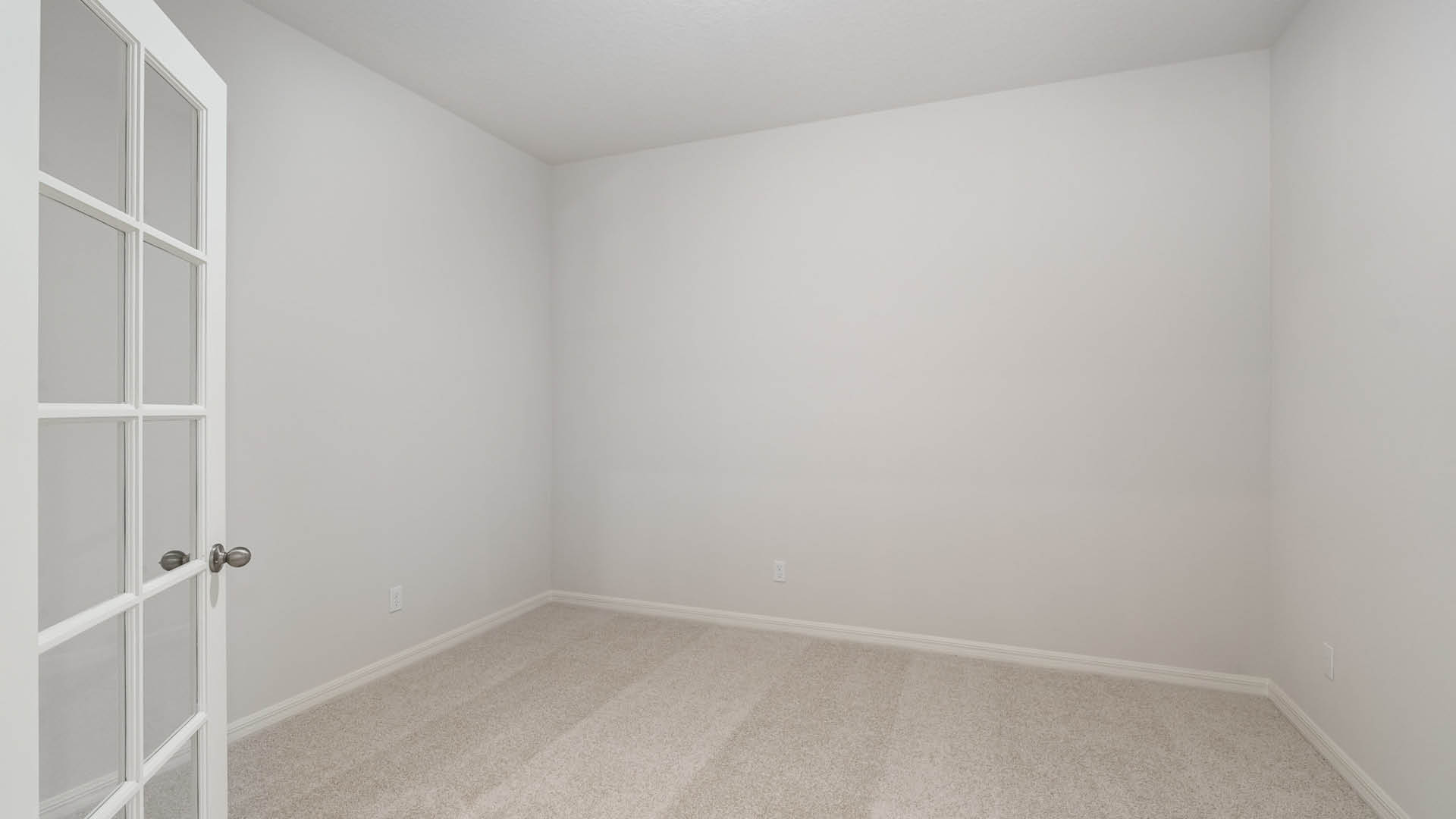 Empty room with beige carpet, light gray walls, and a glass-paneled door on the left, creating a spacious and airy feel.