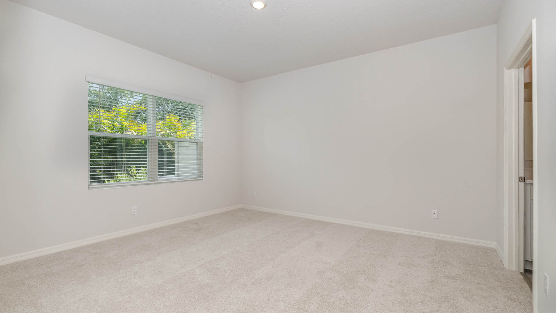 A large bedroom with a large window. An open door leading to an ensuite bathroom is visible.