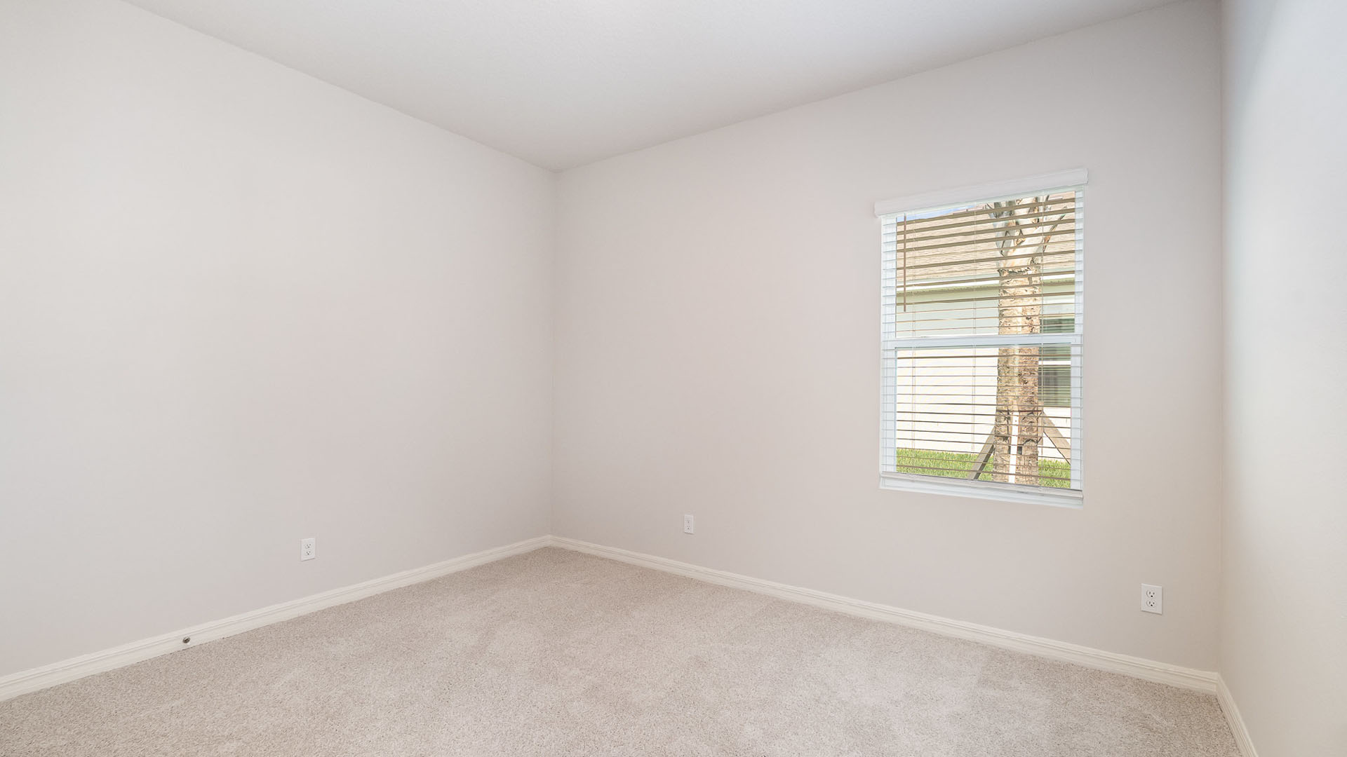 An empty room with beige carpet, white walls, and a window with blinds, allowing natural light to illuminate the space.