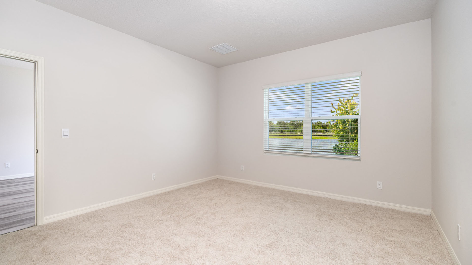A spacious, empty room with light gray walls and plush carpet, featuring a window with white blinds and a view of greenery outside.