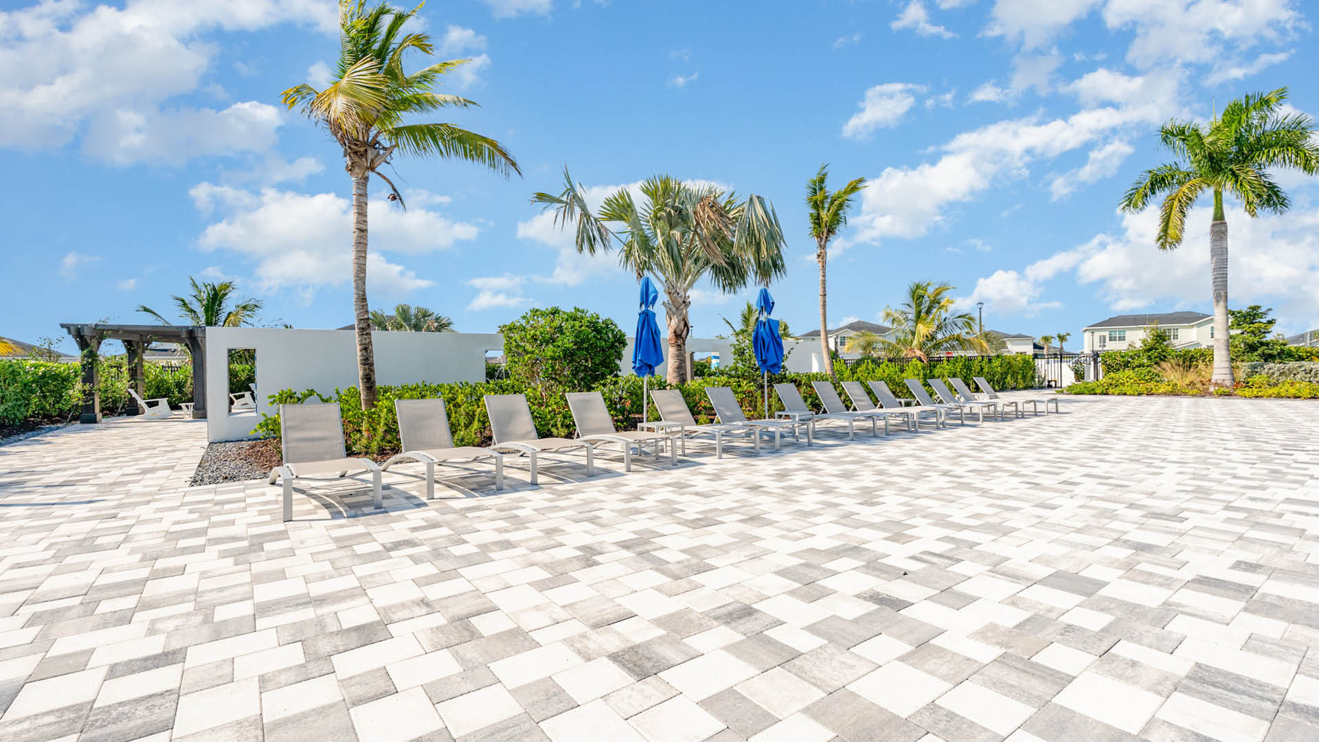 Row of empty loungers under blue umbrellas on a sunny patio, surrounded by palm trees. Clear skies evoke a serene and relaxing atmosphere.