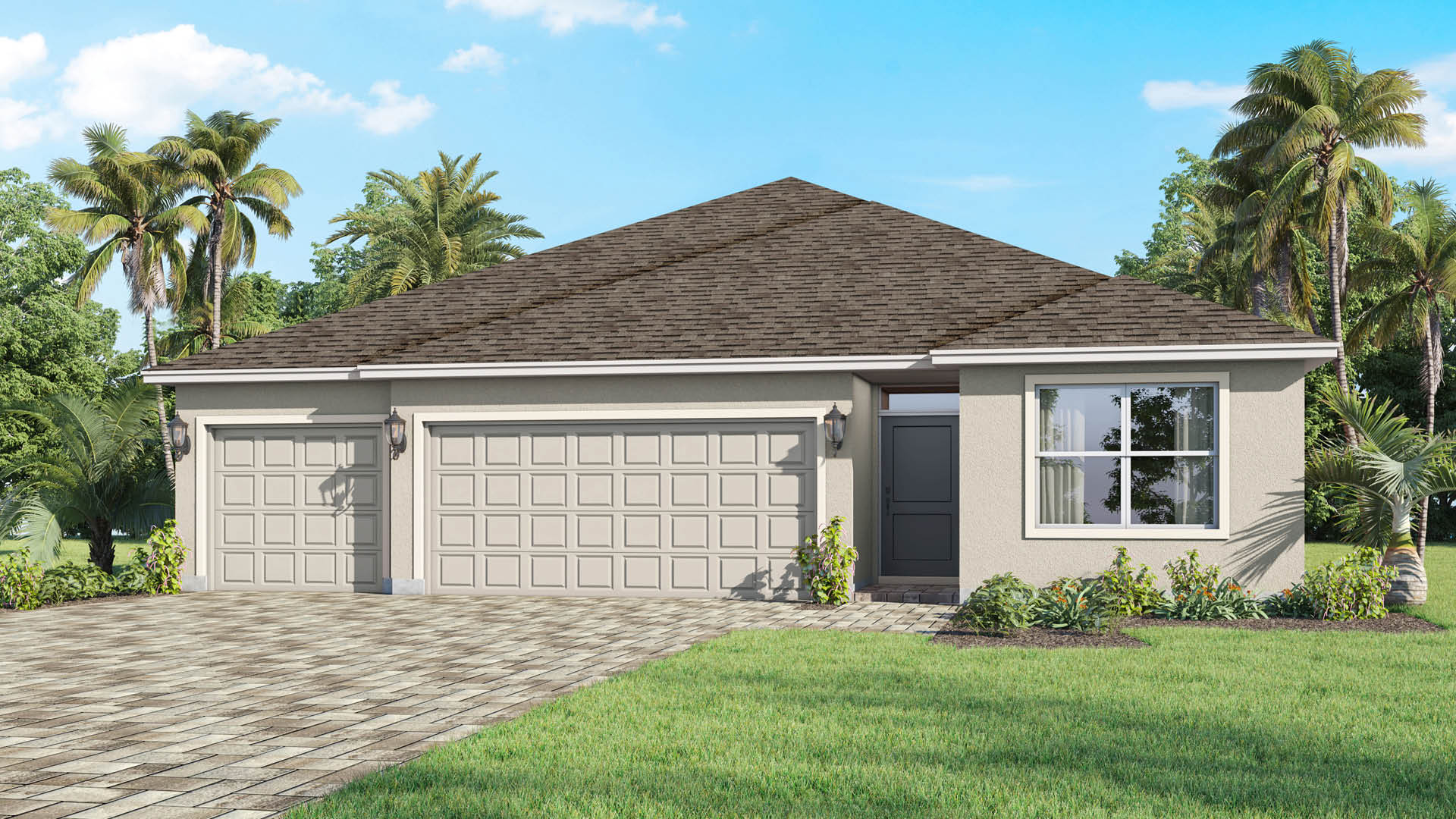 Story home with light green door, three-car garage and paver driveway.