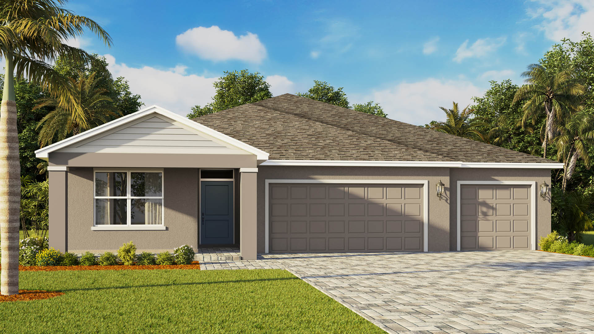 Single-story beige home with white trim and teal door. Three-car garage and paver driveway.