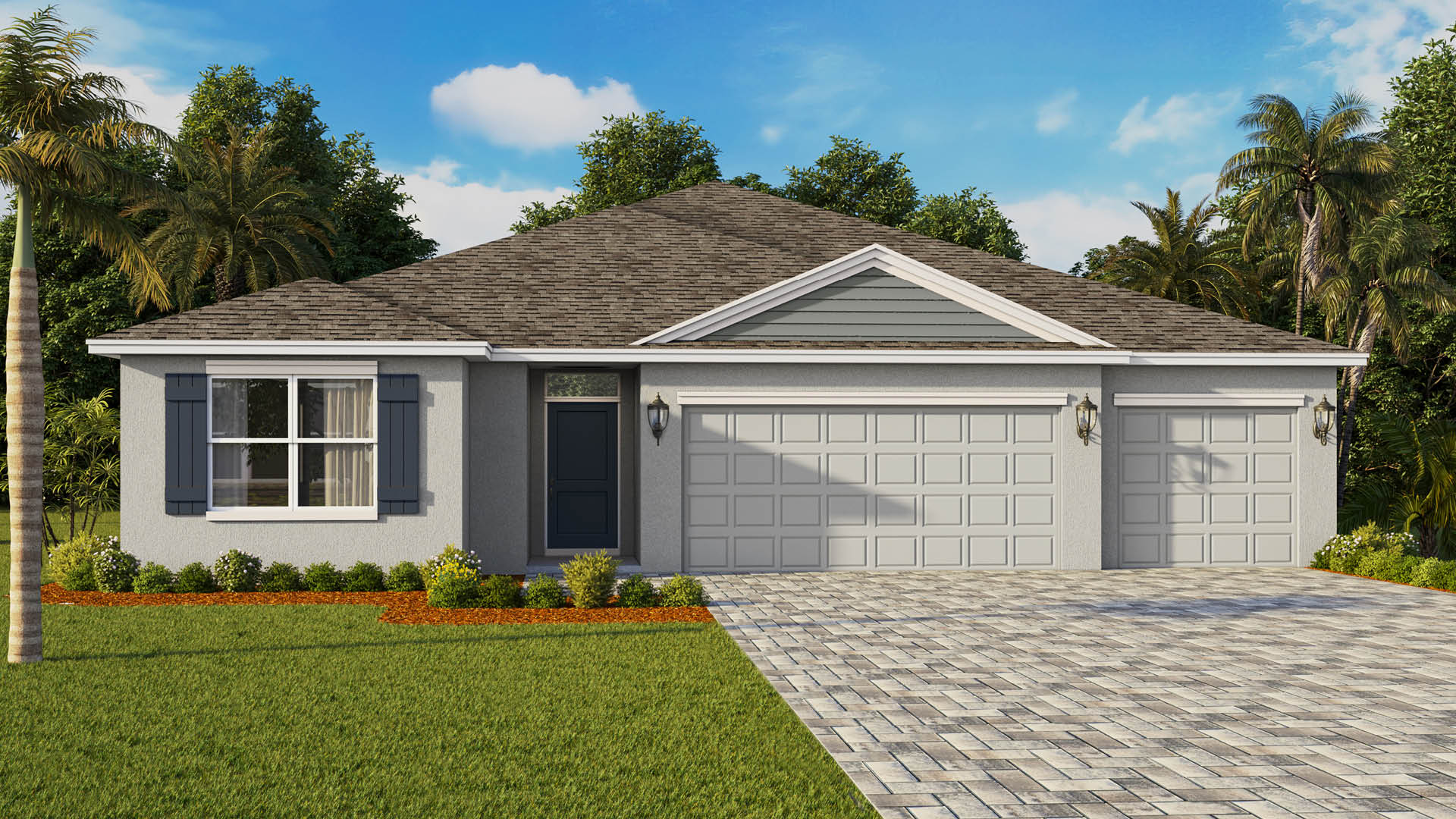 Single-story home with dark door and shutters, three-car garage and paver driveway.