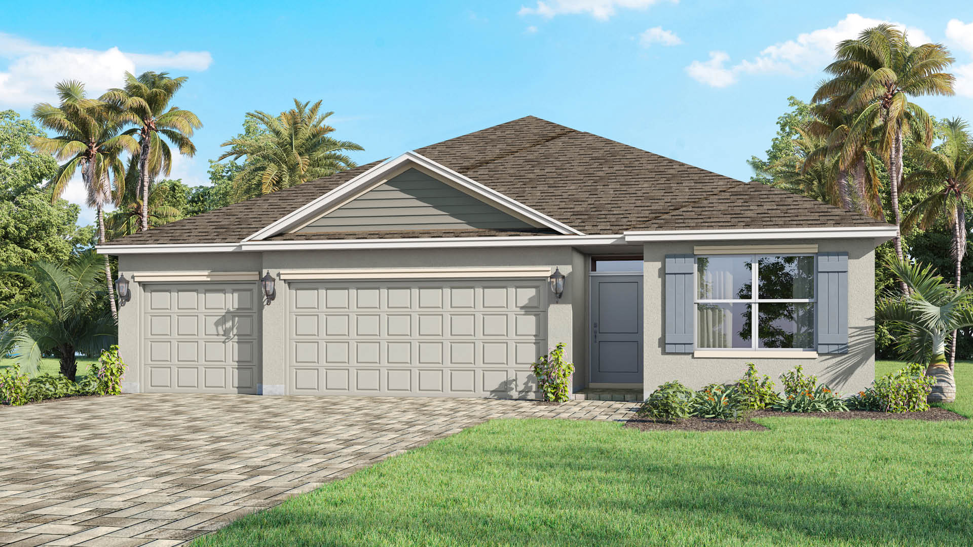 Single-story light beige home with light blue front door and shutters. Three-car garage and paver driveway.