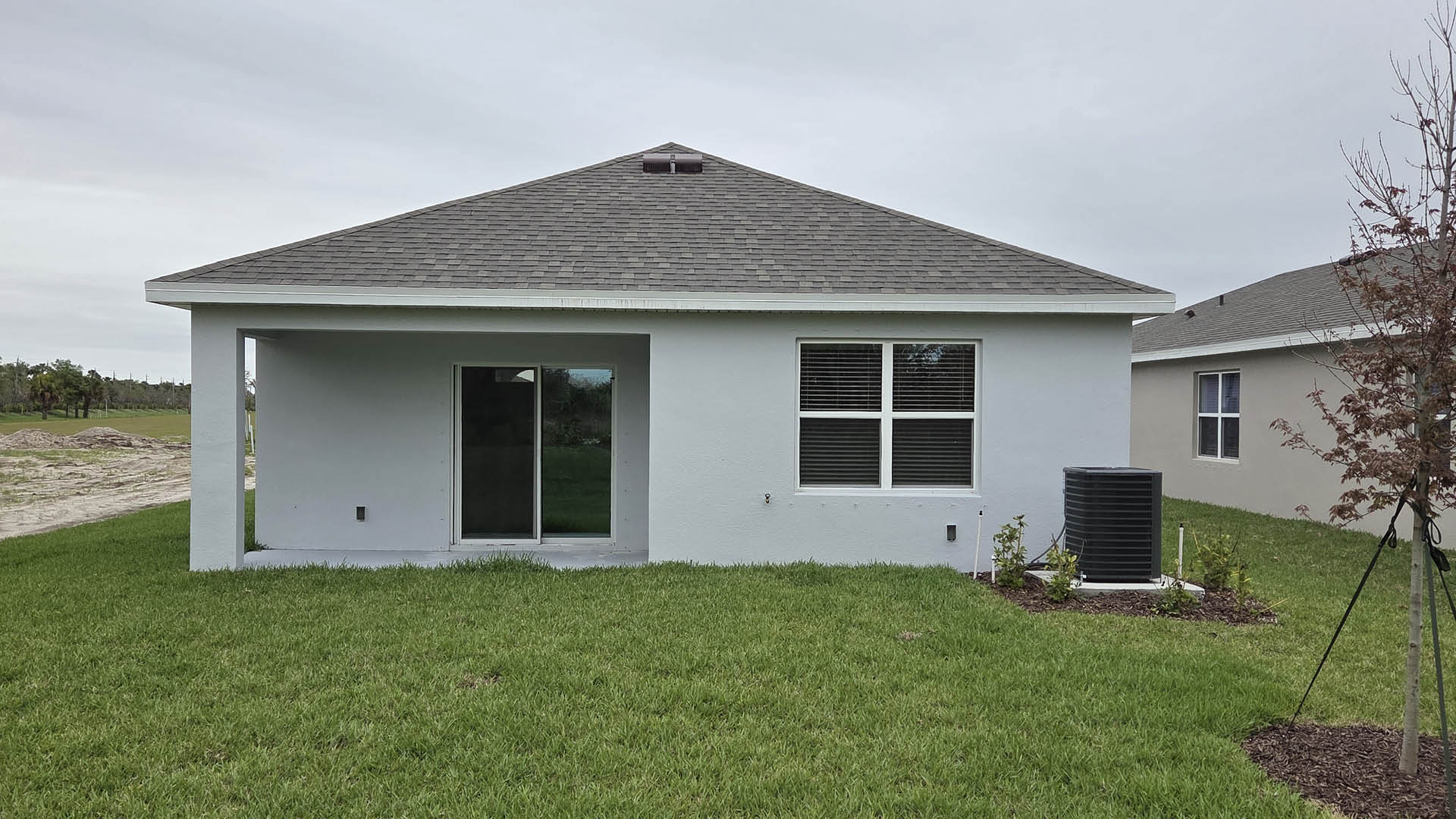 An exterior photo showing a rear view of a modern single-family home with a shingled roof and manicured landscaping.