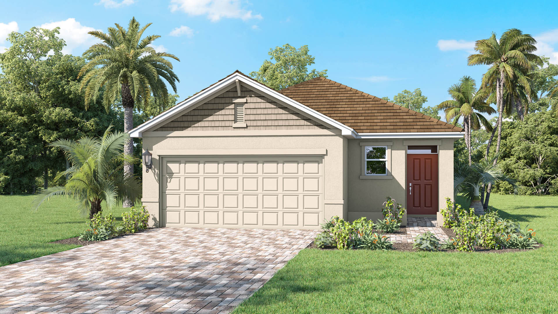 An exterior rendering showing a modern single-family home with a shingled roof and manicured landscaping.