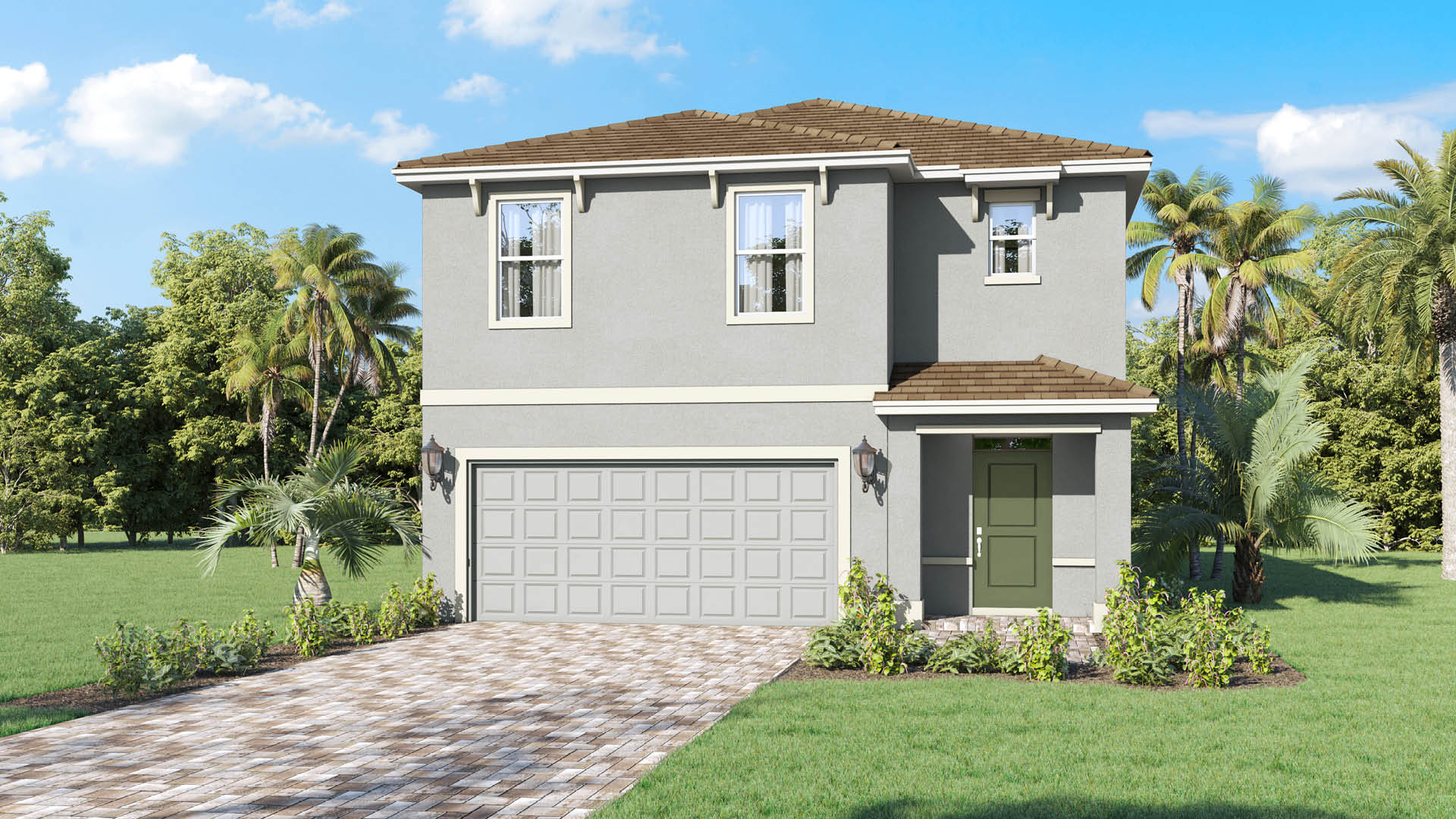 An exterior rendering showing a modern family home with a shingled roof and manicured landscaping.