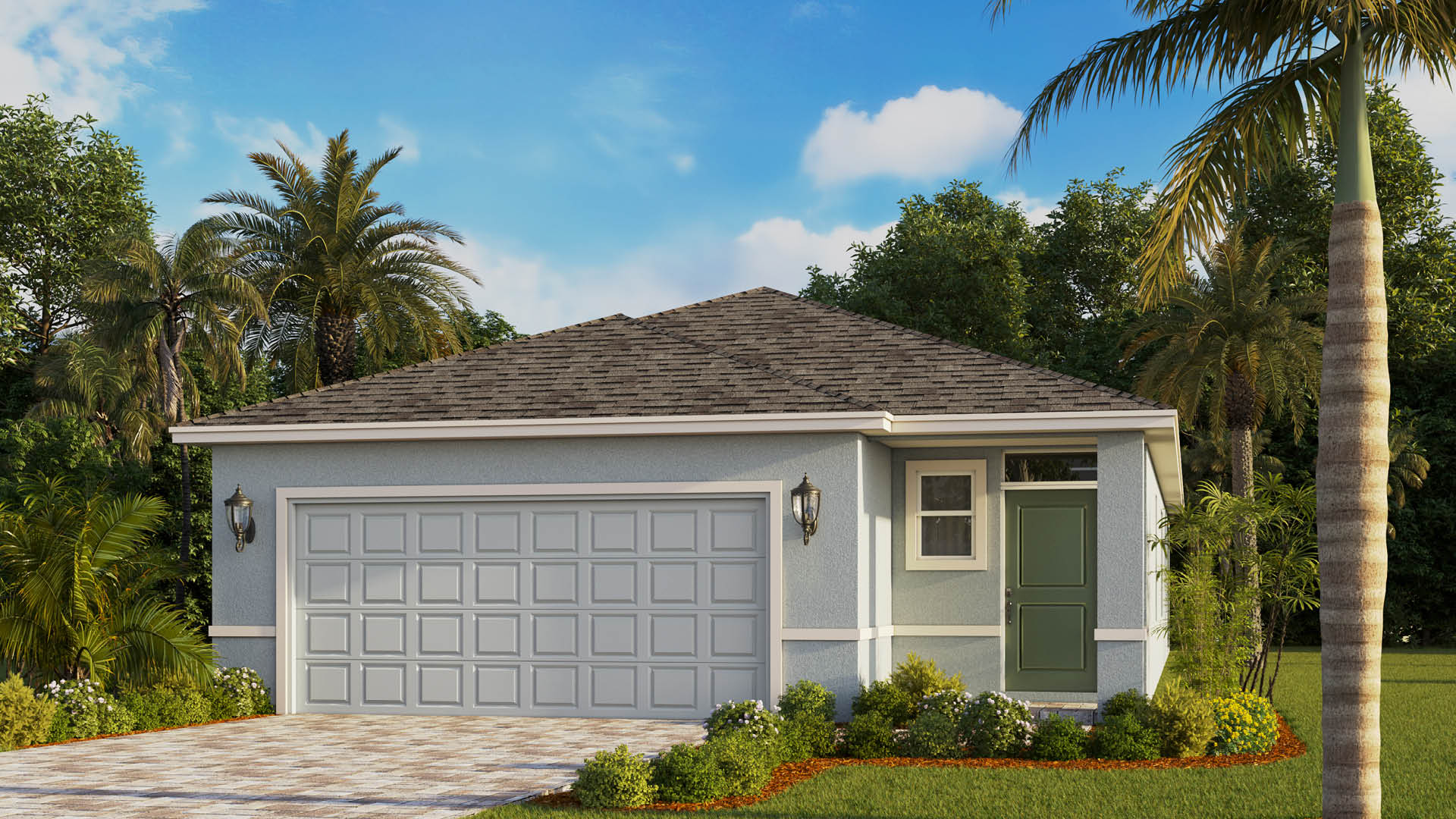 An exterior rendering showing a modern single-family home with a shingled roof and manicured landscaping.