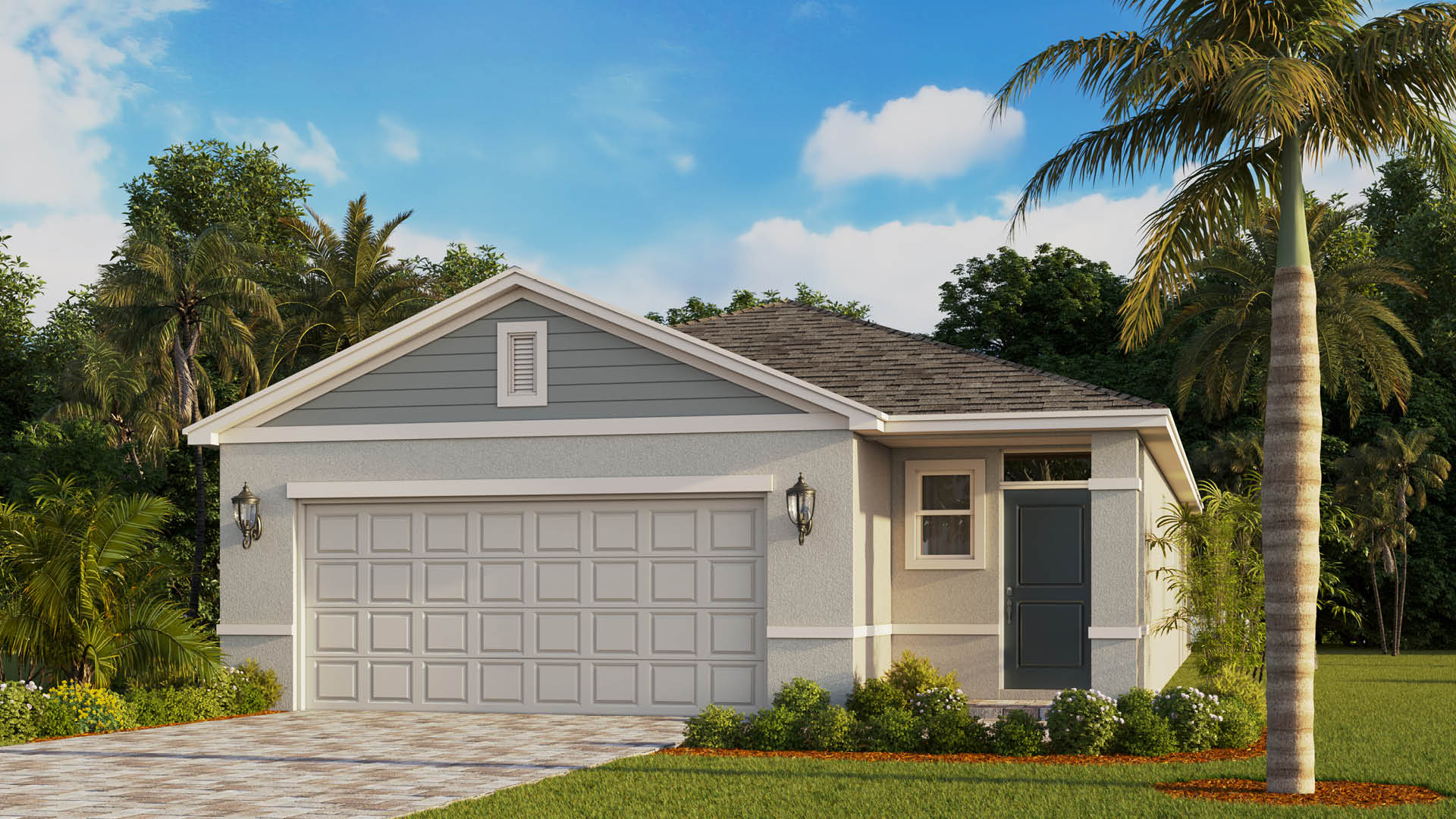 An exterior rendering showing a modern single-family home with a shingled roof and manicured landscaping.