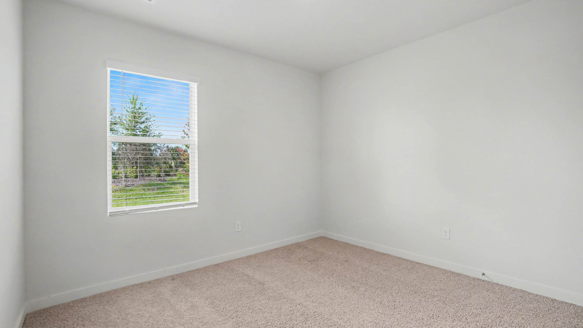 A large bedroom with beige carpet, white walls, and a large window with blinds, allowing natural light to illuminate the space.