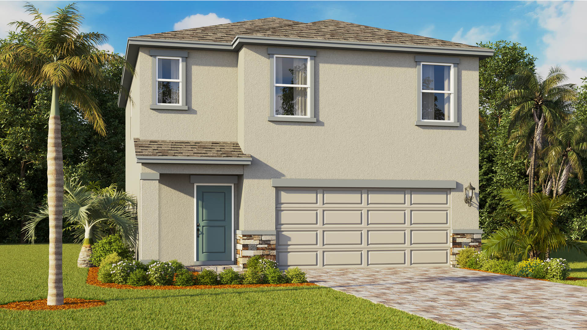 Two-story beige stucco house with a gray shingle roof, a dark teal front door, and a two-car garage, surrounded by a green lawn, and paver driveway.