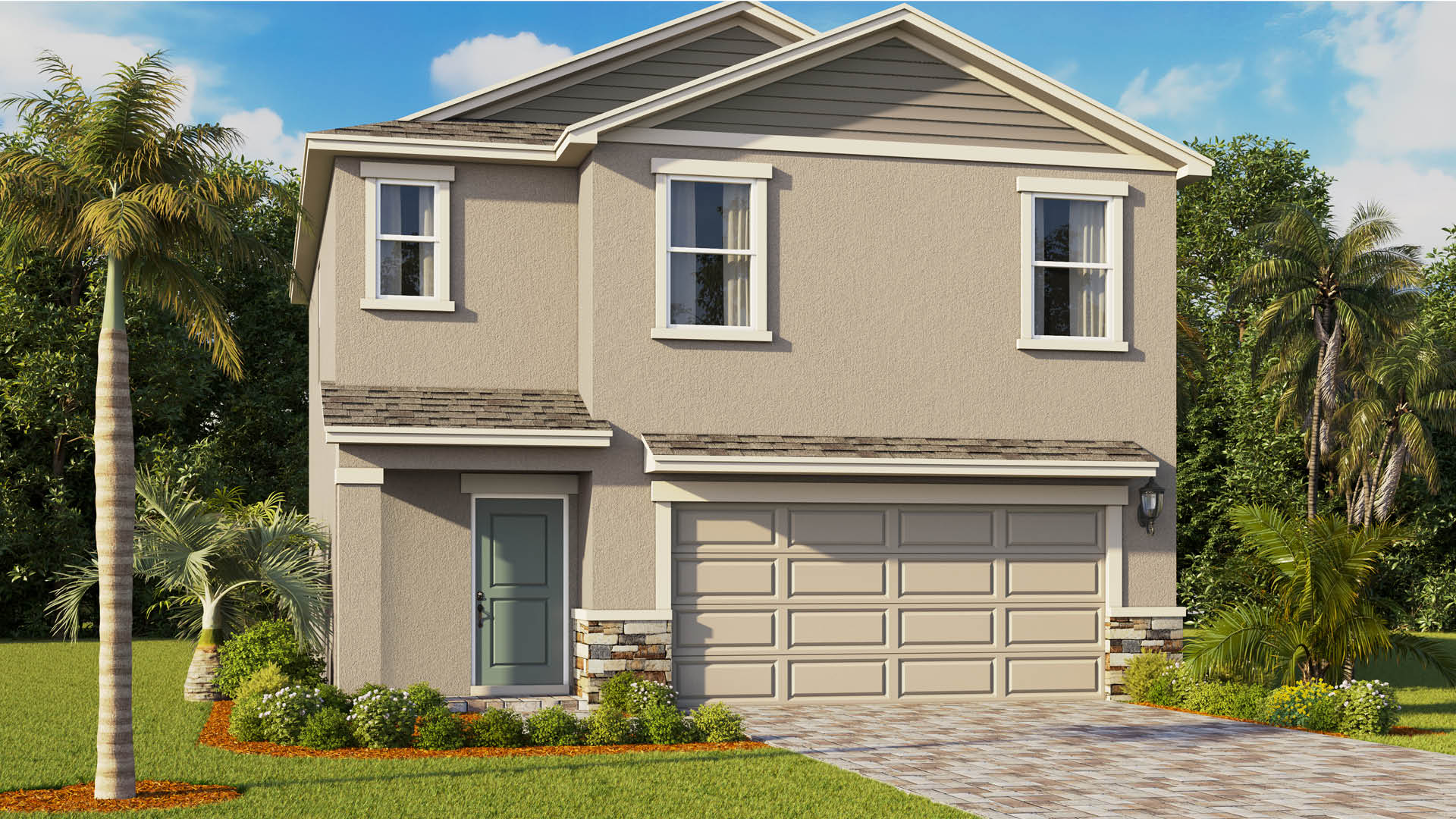 Two-story beige stucco house featuring a gabled roofline with brown siding accents, a dark teal front door, and a two-car garage
