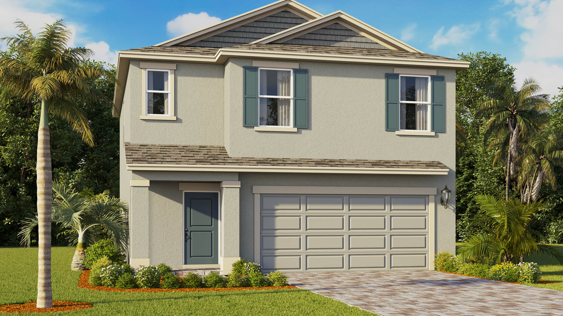 Two-story beige stucco house featuring layered gables with dark siding, teal window shutters, a matching teal front door, and a 2-car garage
