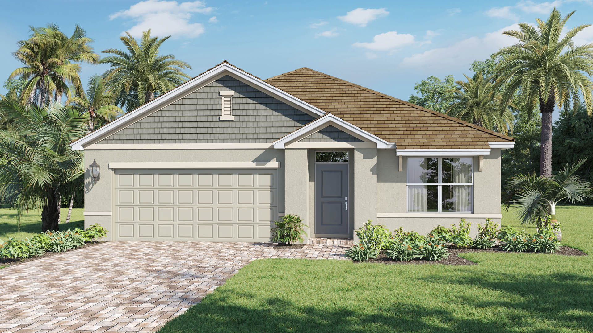An exterior rendering showing a modern single-family home with a shingled roof and manicured landscaping.