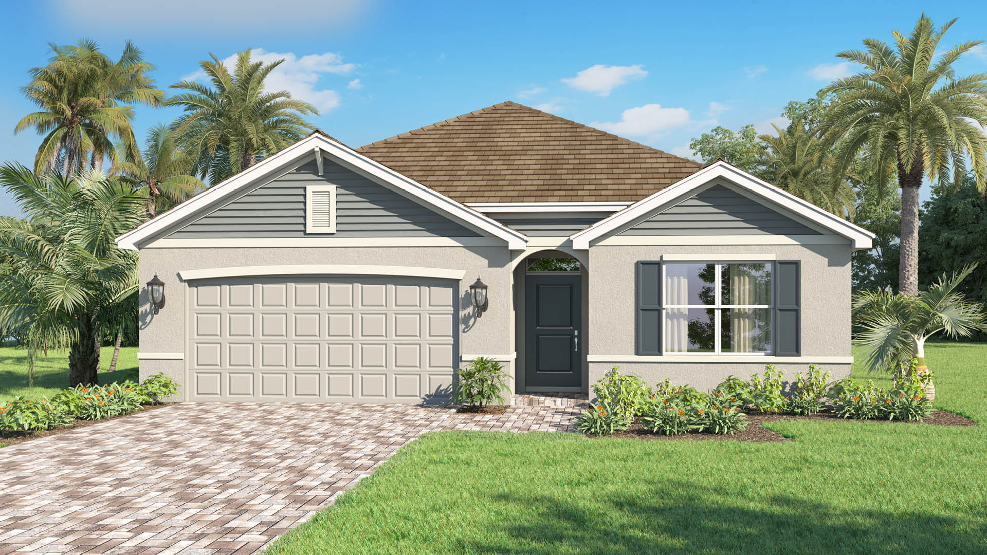 An exterior rendering showing a modern single-family home with a shingled roof and manicured landscaping.
