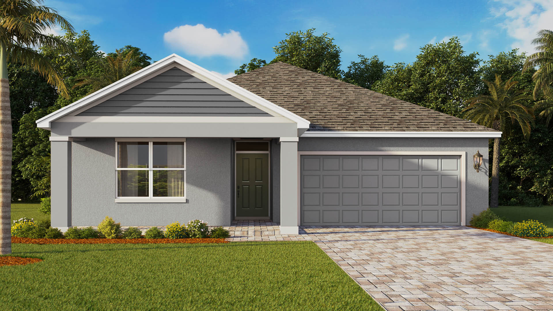 An exterior rendering showing a modern single-family home with a shingled roof and manicured landscaping.
