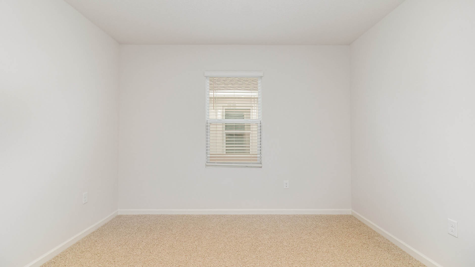 An empty room with beige carpet, white walls, and a window with blinds, allowing natural light to illuminate the space.