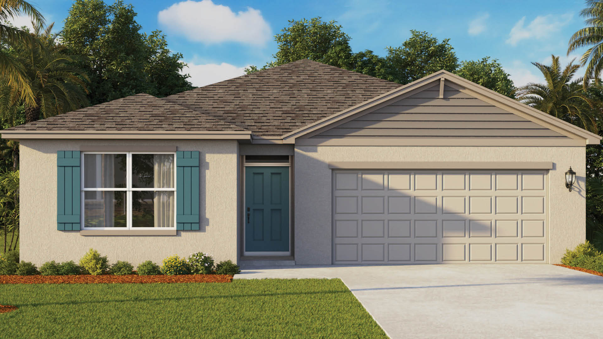 An exterior rendering showing a modern family home with a shingled roof and manicured landscaping.