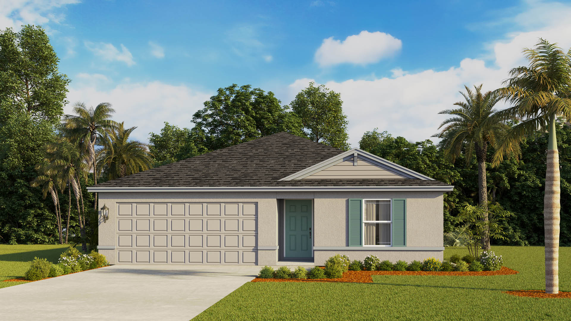 An exterior rendering showing a modern single-family home with a shingled roof and manicured landscaping.