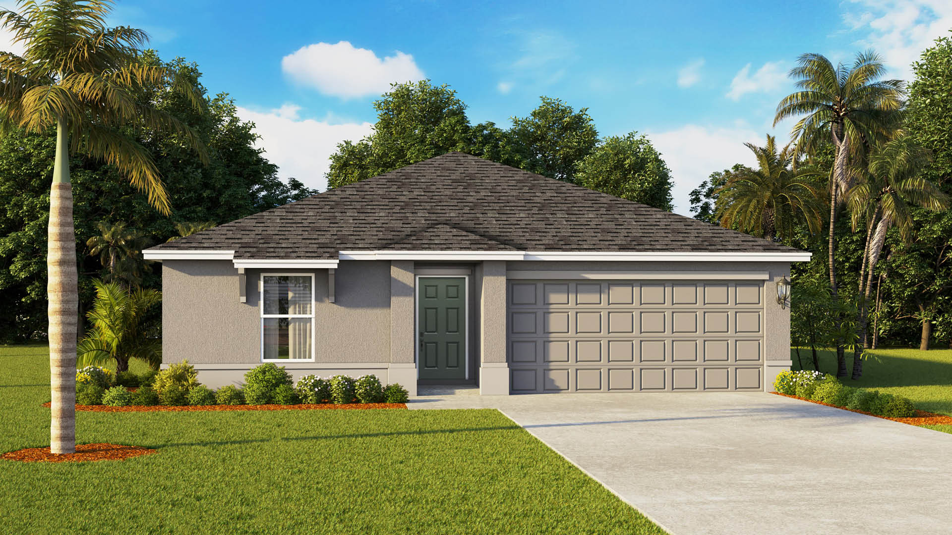 Singel-story beige home with shingle roof and two car garage.