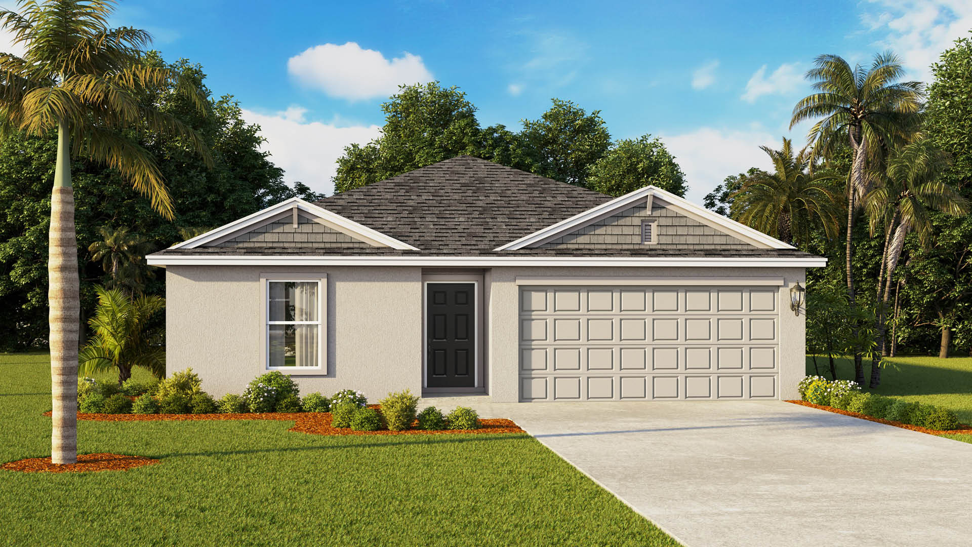 Light beige single-story home with hardy gables, shingle roof and two car garage.