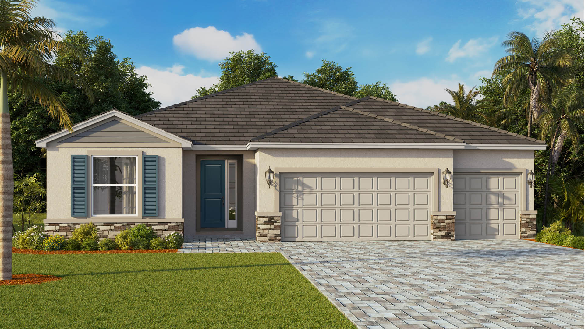An exterior rendering showing a modern single-family home with a shingled roof and manicured landscaping.