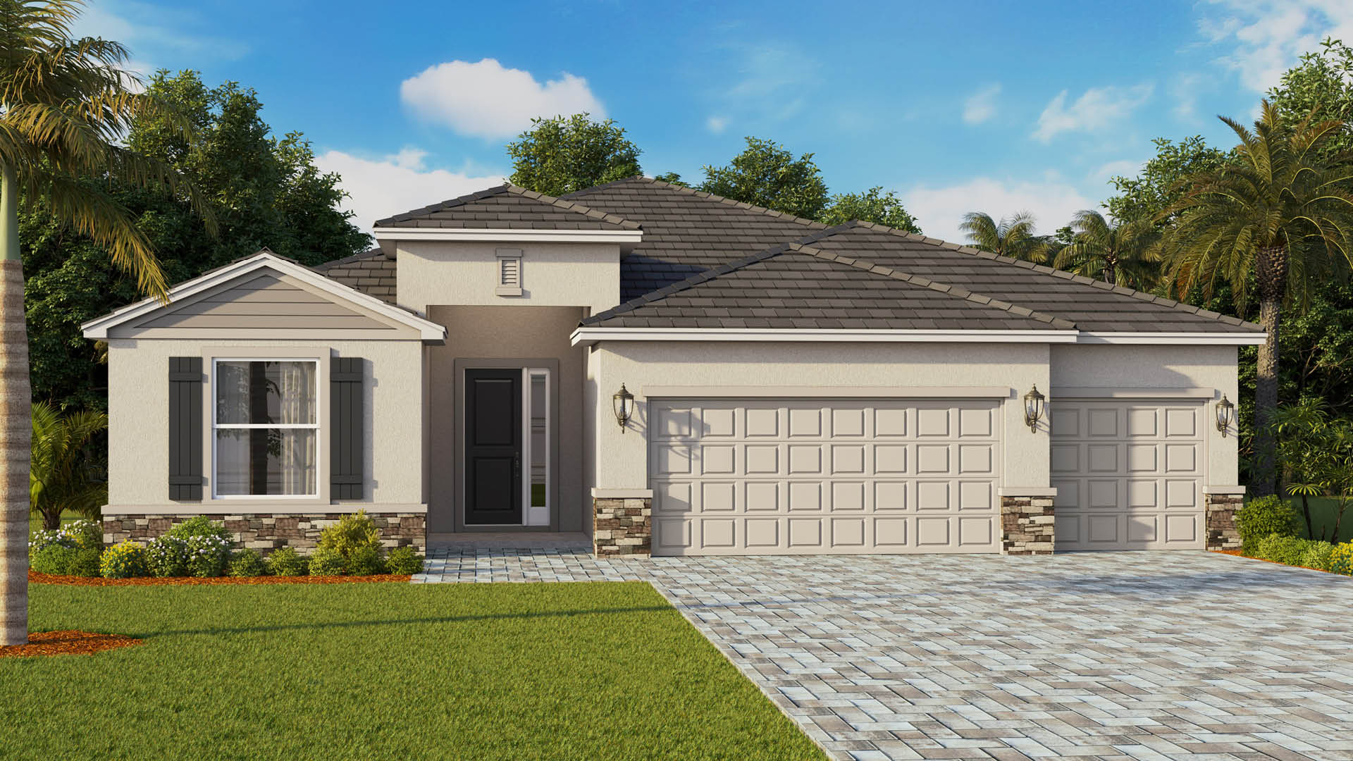 Single-story home black shutters, stone accents, paver driveway and three-car garage.